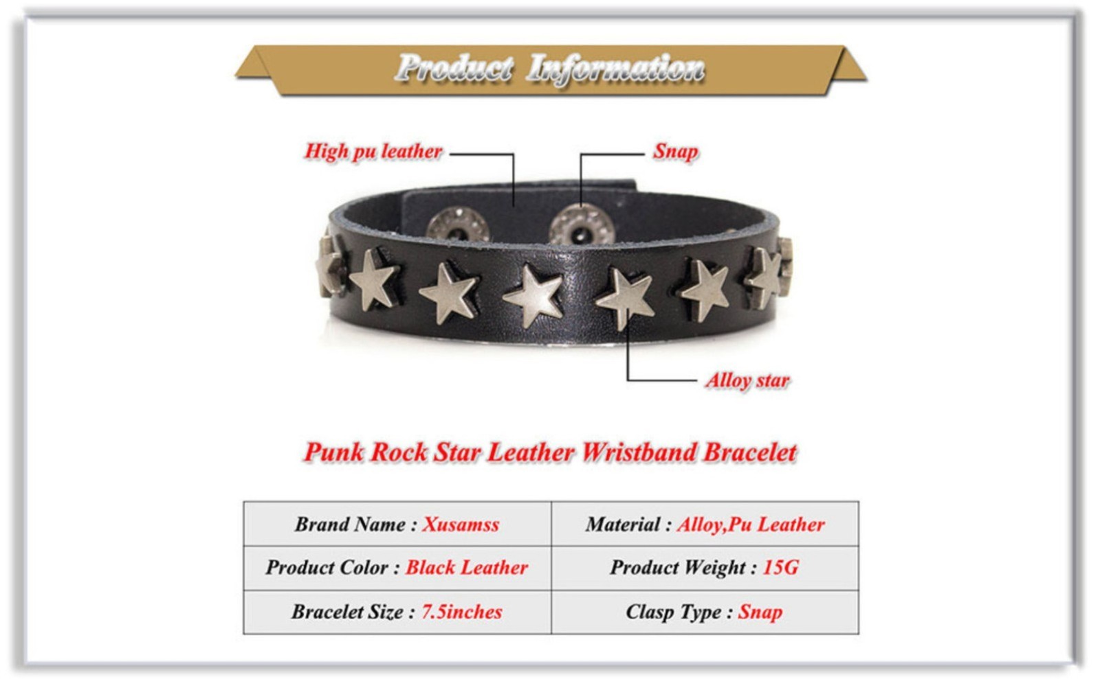 Punk Adjustable Leather Cuff Bracelet with Star Studded Metal Belt Buckle Bangle