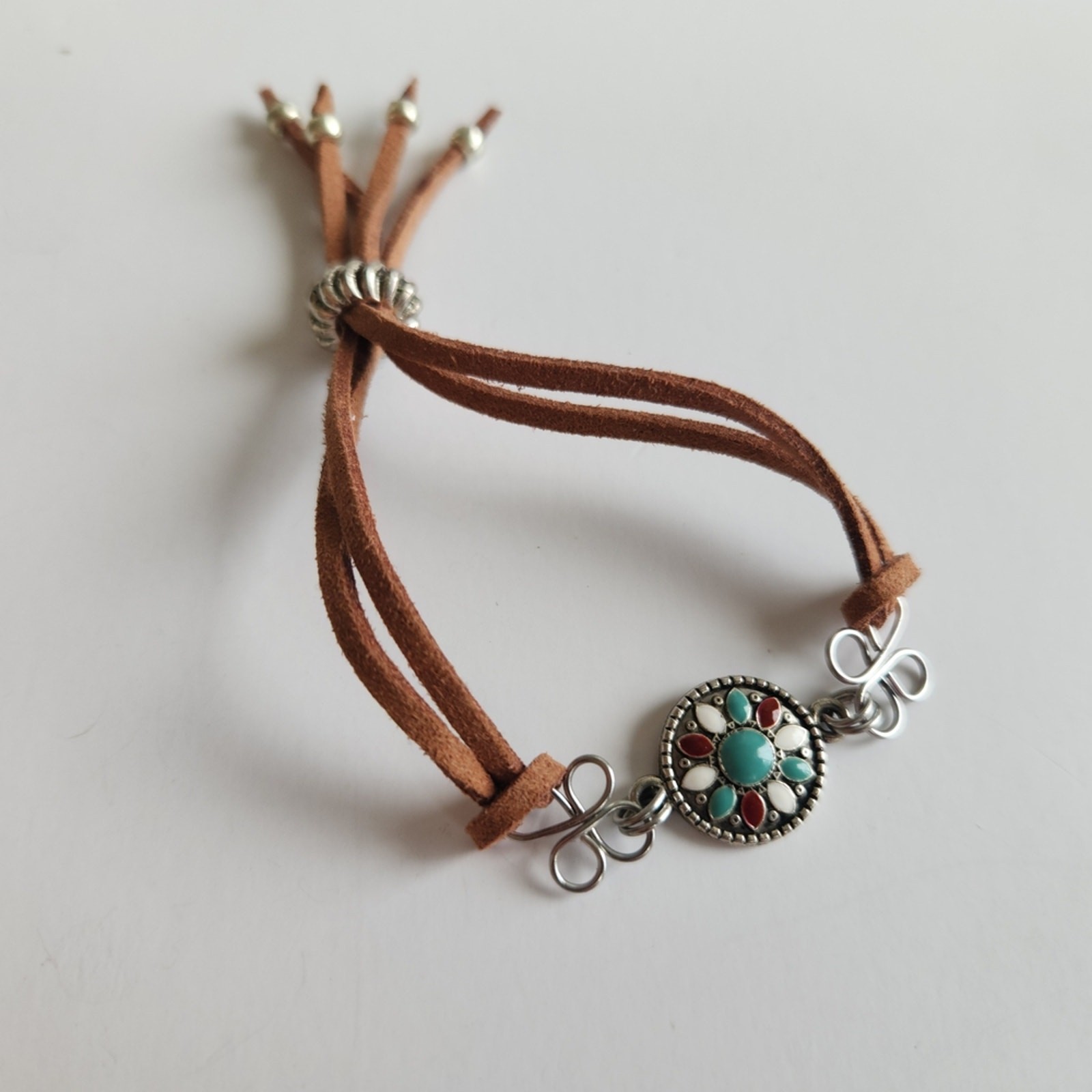 Boho Floral Enamel Bracelet, Vegan Suede Adjustable Cord