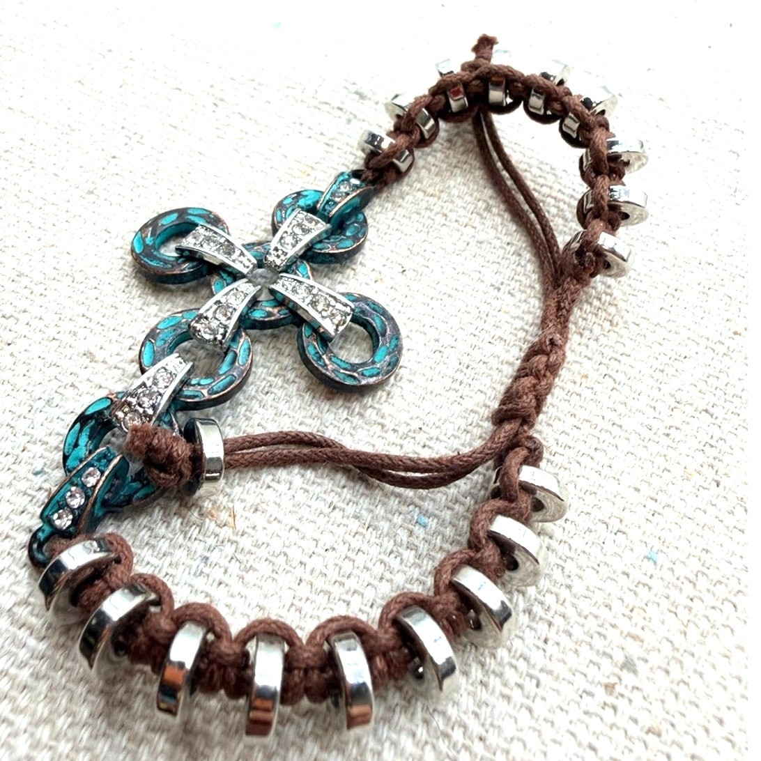 Brown Braided Bracelet with Turquoise-Patina Cross and Crystal Accents