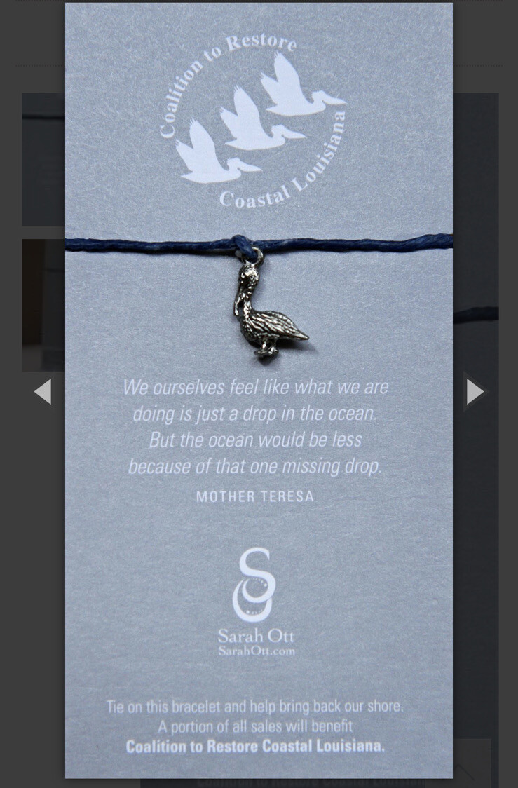 Sarah Ott Costal Louisiana Pelican Silver Pewter Charm Blue Tie String Bracelet