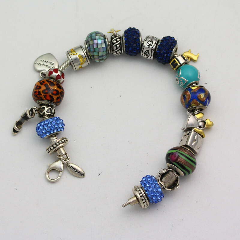 Sterling Silver 8 Inch Long Mixed Bead Rhinestone Glass Enamel Charm Bracelet