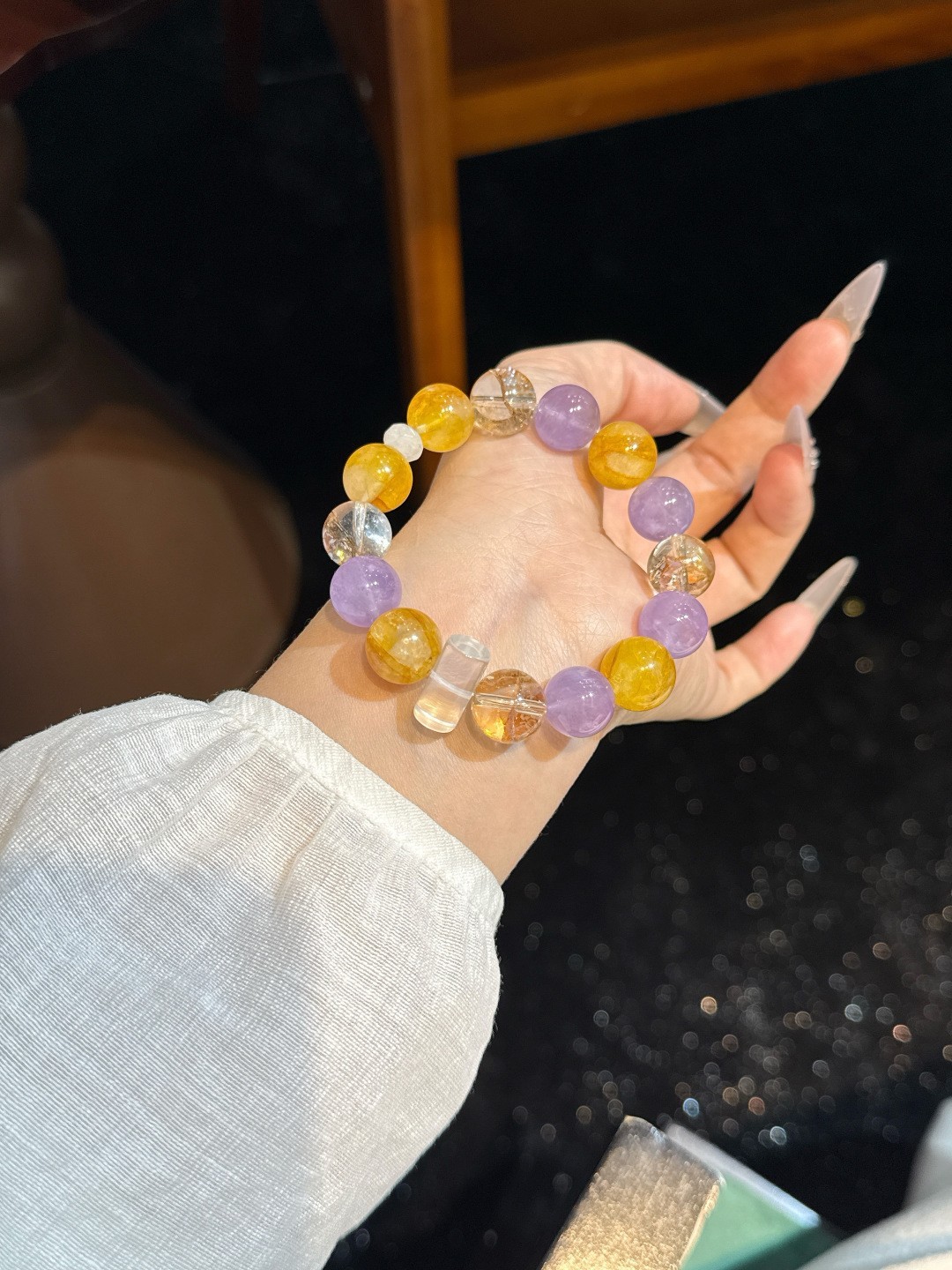Natural Amethyst Yellow Garden Clear Crystal Gold Foil Koi 12mm Stretch Bracelet
