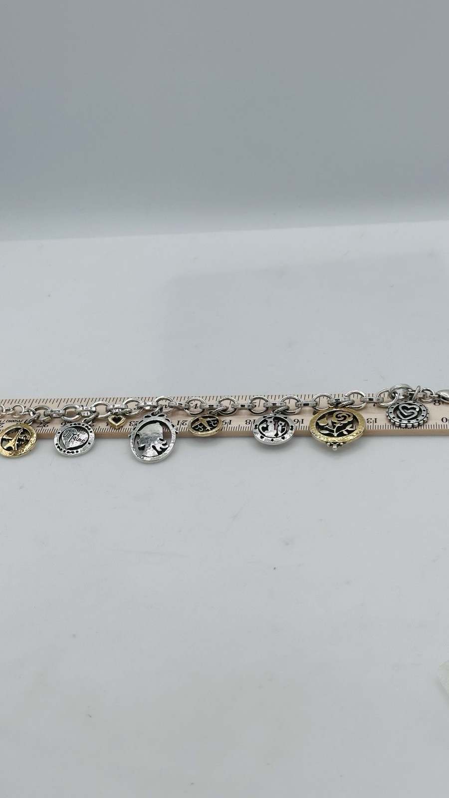 Brighton Paris Love Charm Bracelet Two Tone Heart Rose Cat Retired