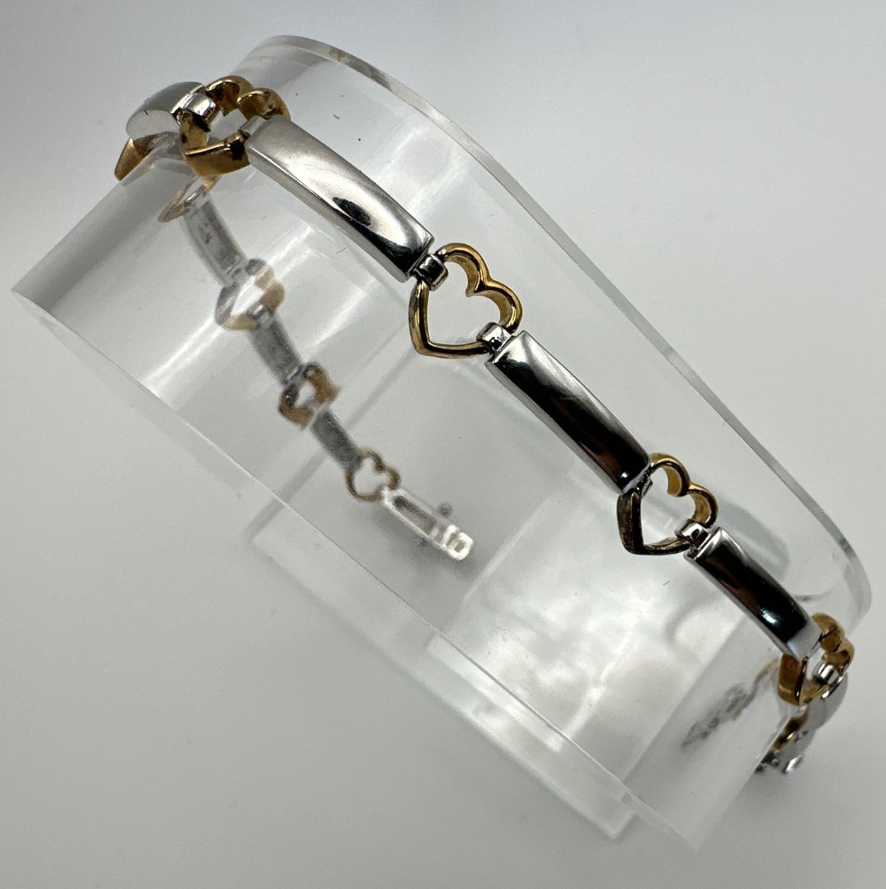 925 Sterling Silver Two-Tone Heart Bar Link Chain Bracelet 7in Box Clasp