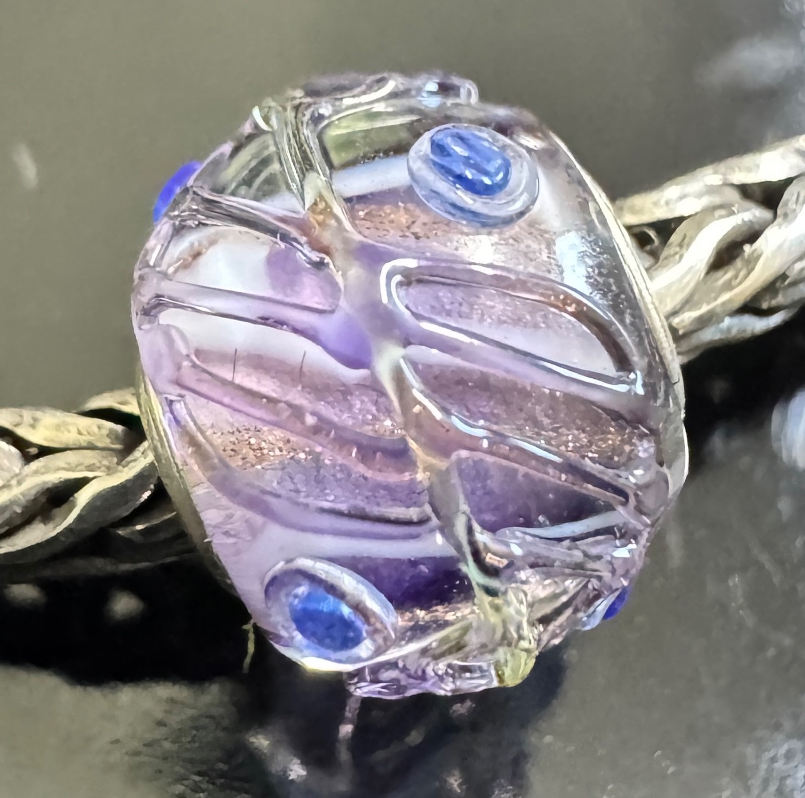 Trollbeads Sterling silver PURPLE BASE SPARKLY TEXTURED MINI BARREL