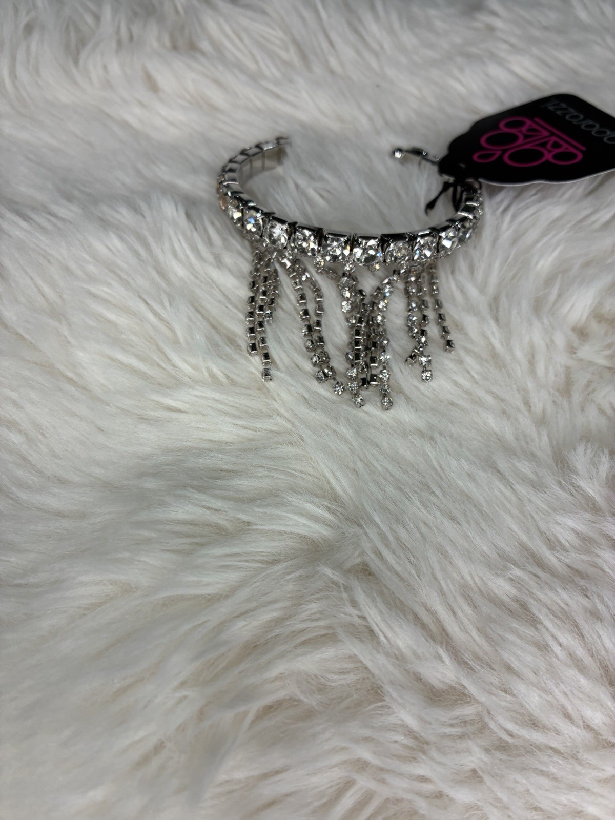 Paparazzi Silver Tone Stretch Link Bracelet w/ Clear Rhinestone Dangle Fringe