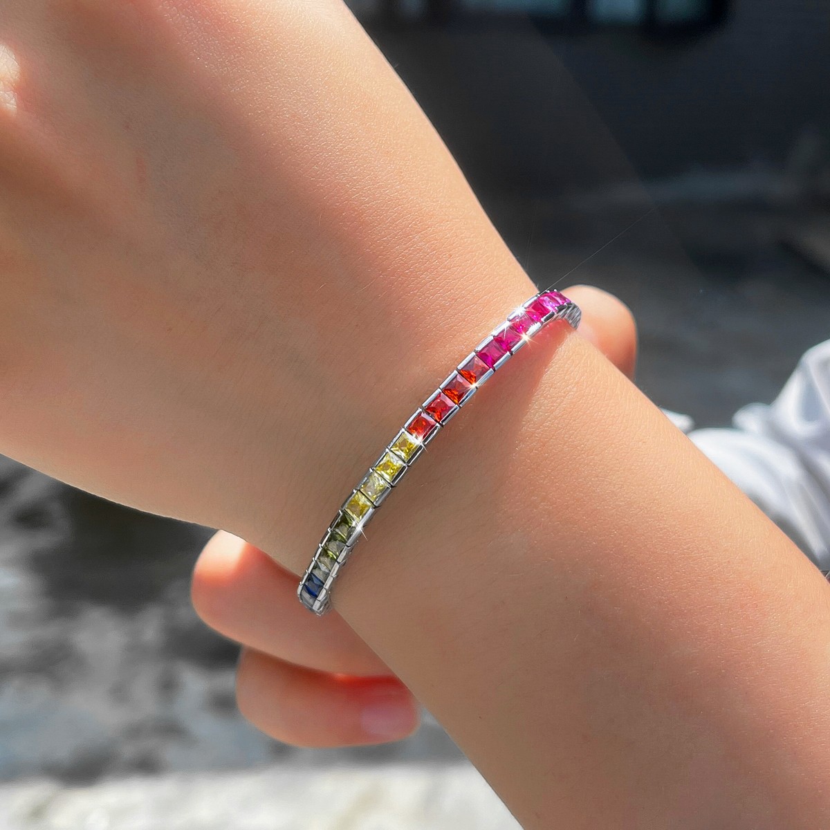 3mm Rainbow Square Cubic Zirconia CZ Tennis Bracelet Women Silver Plated Jewelry