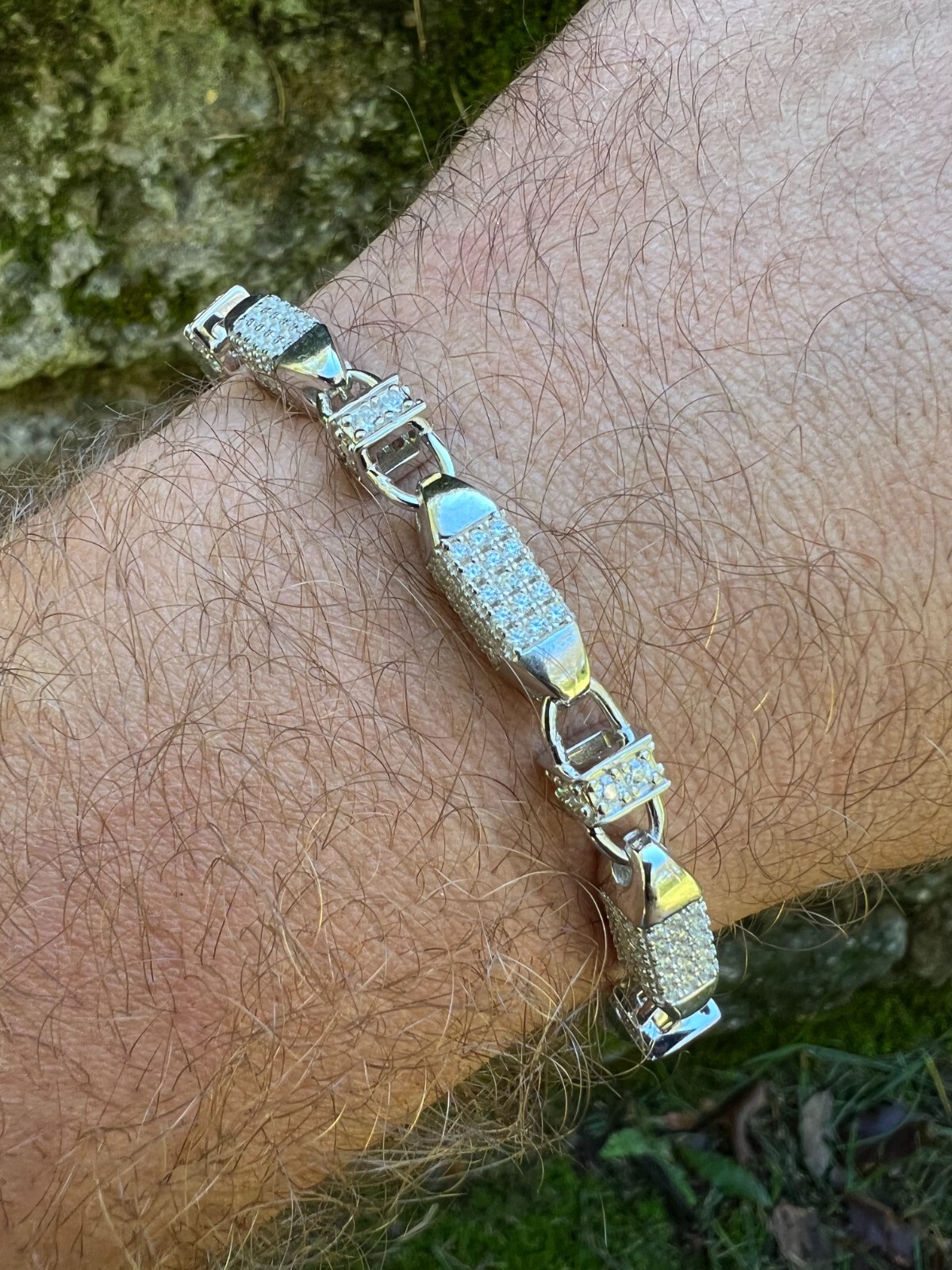 MOISSANITE Men’s Bullet Chain Real 925 Silver Iced Flooded Out Hip Hop Bracelet