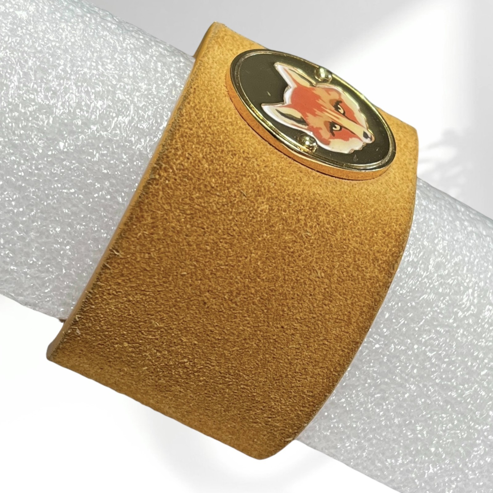 Tory Burch Cuff Bracelet Fox Coin Yellow Suede Leather Gold Tone Hardware Wide