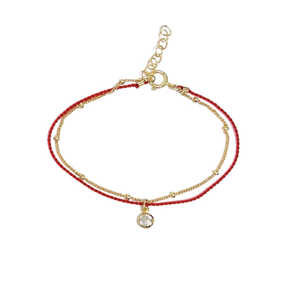 Red String and Satellite Chain with Crystal Layering Bracelet Gold Fill Silver