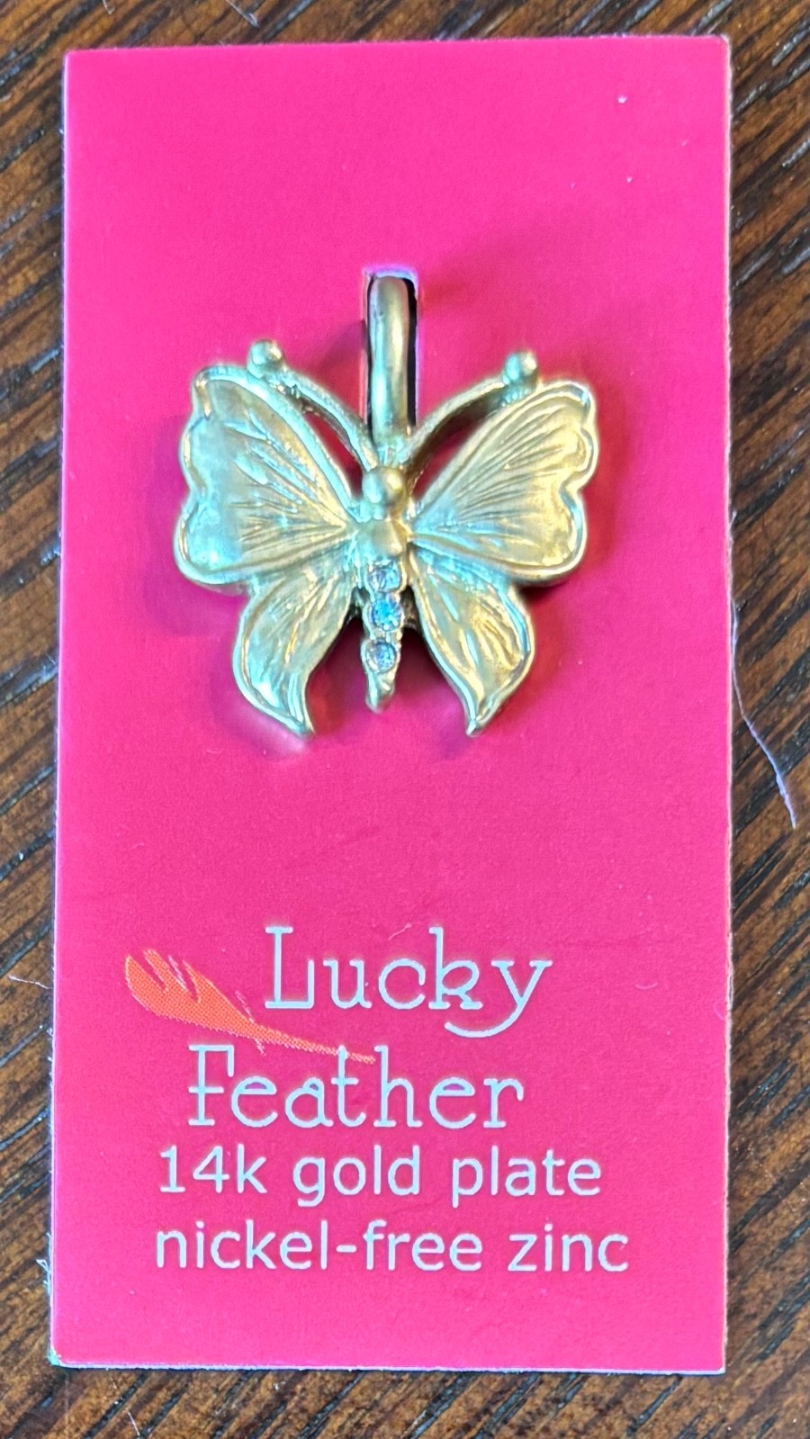 LUCKY FEATHER 14K GOLD PLATE NICKEL-FREE ZINC CHARM NEW ON CARD