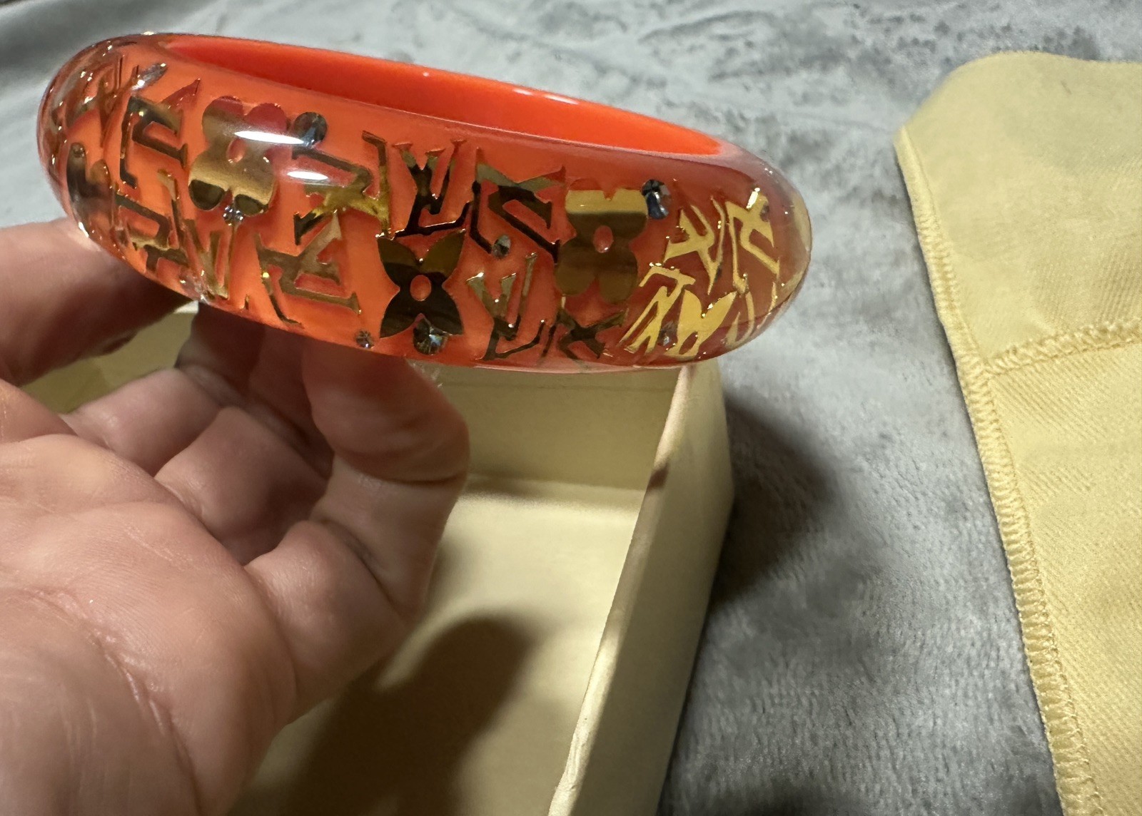 Louis Vuitton Inclusion Bangle Bracelet Orange W/Gold LV Monogram Resin Sequins
