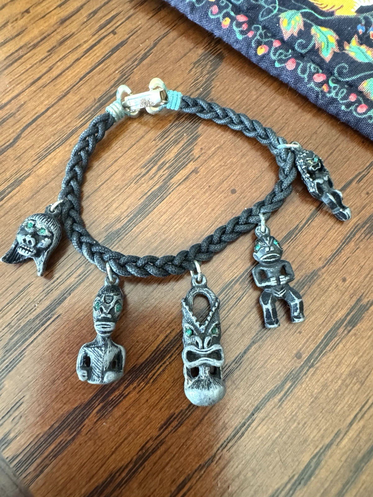 Vintage Metal And Braided Cord Hawaiian Tiki Charm Bracelet