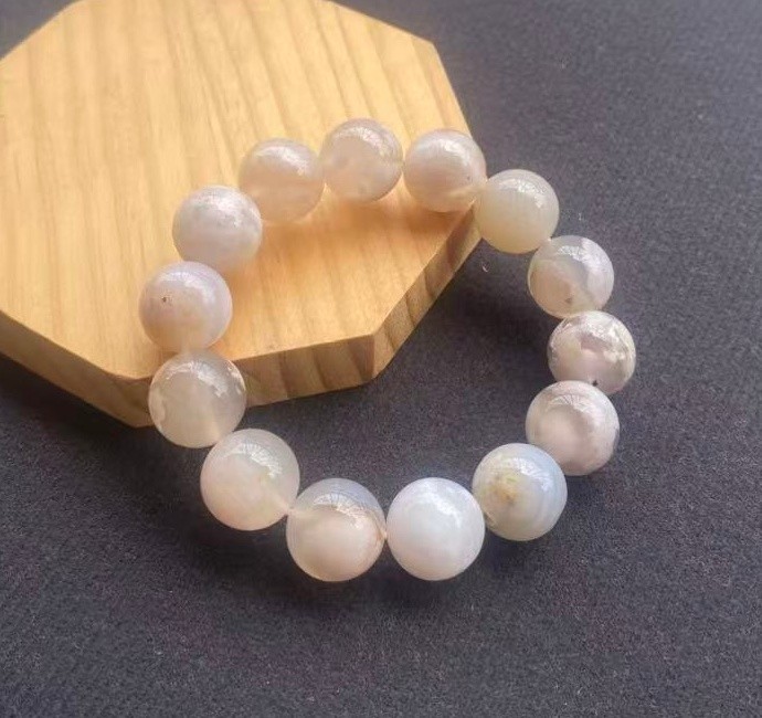 Natural Cherry blossom Agate Bracelet Sakura Round Beaded Healing 15mm