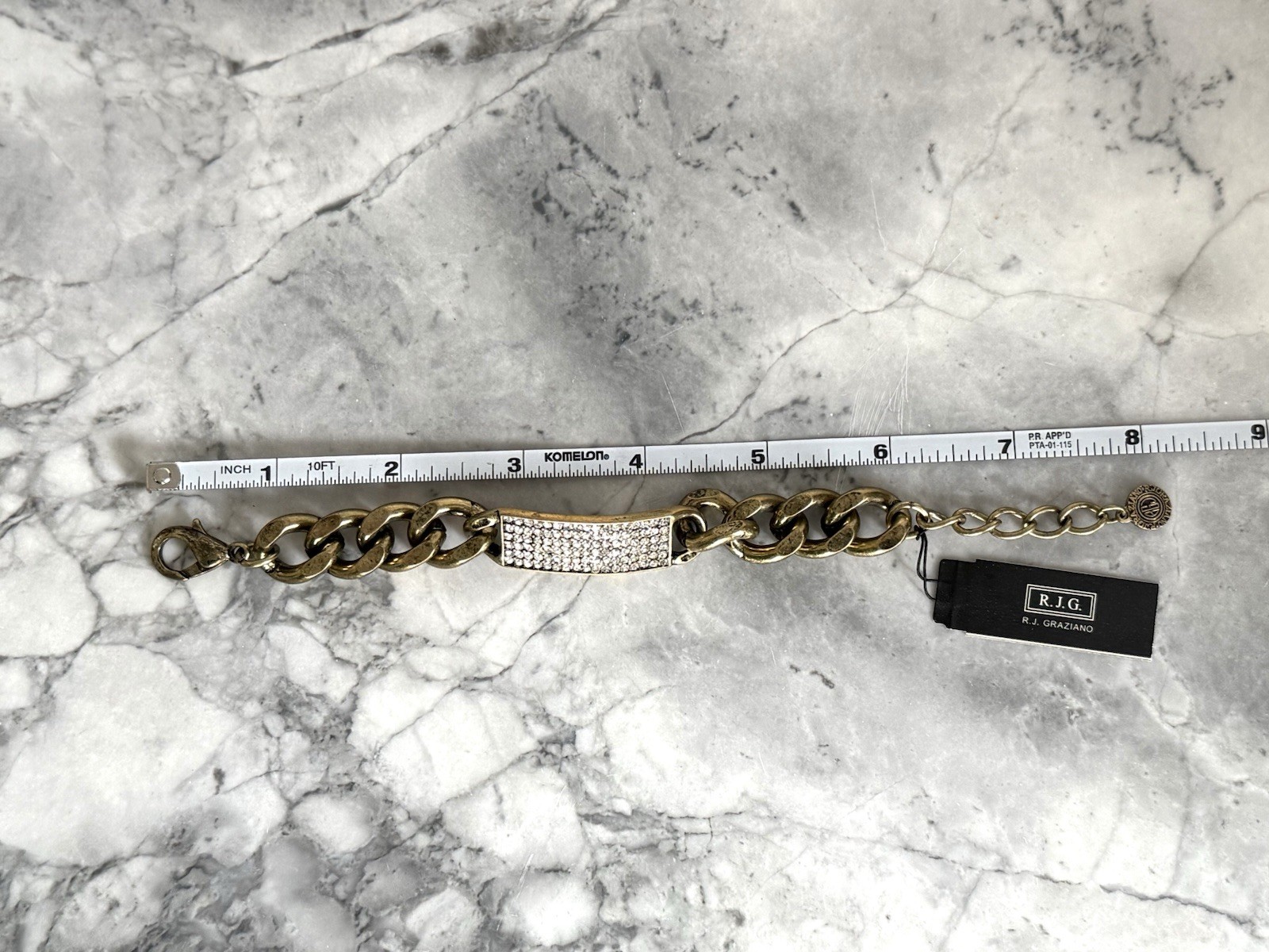 R.J. Graziano Gold Tone Crystal ID Link Bracelet Chunky Curb Chain Adjustable