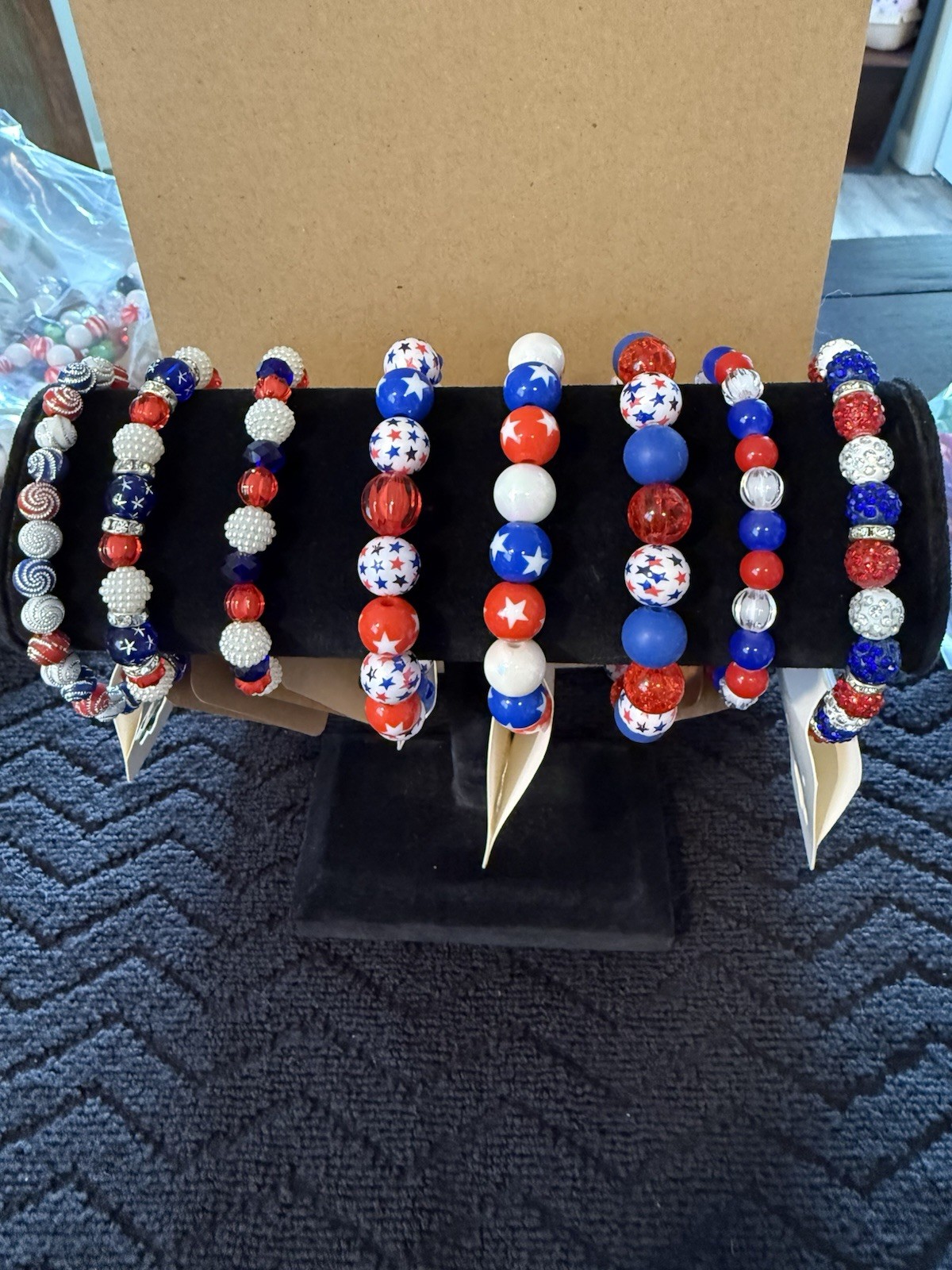 Lot Of 8 – Red/Wht/Blue Beaded Bracelets 6” To 7.5”