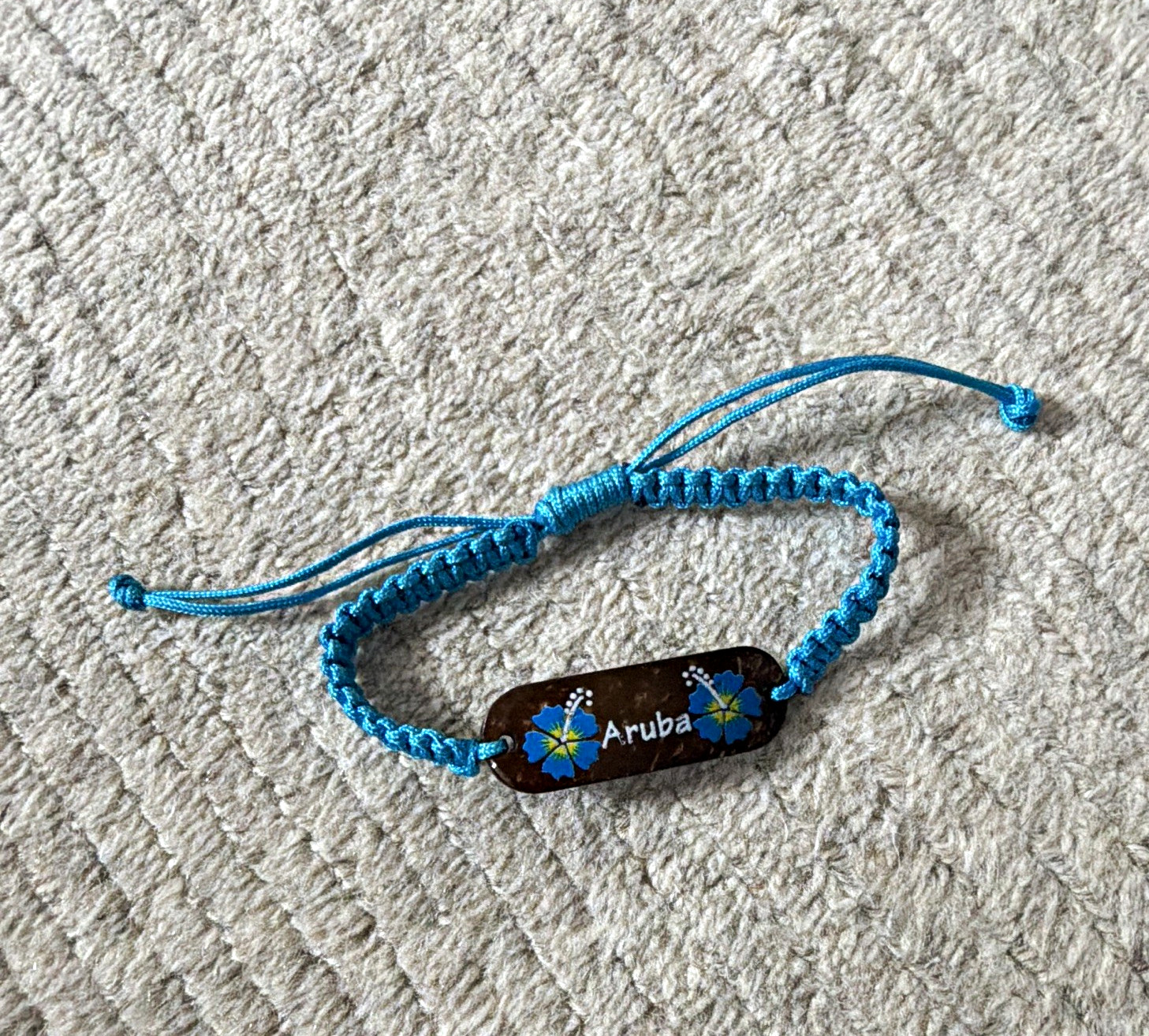 Blue Braided Cord Adjustable Bracelet w/ Aruba Plate Bead, Beach Travel Theme