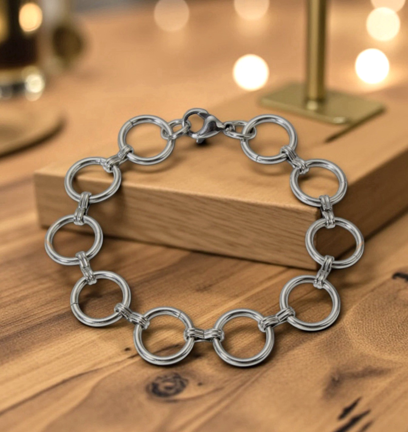 Stainless Steel Round Link Bracelet 7.6″ Silver Tone Lobster Clasp Women Fashion