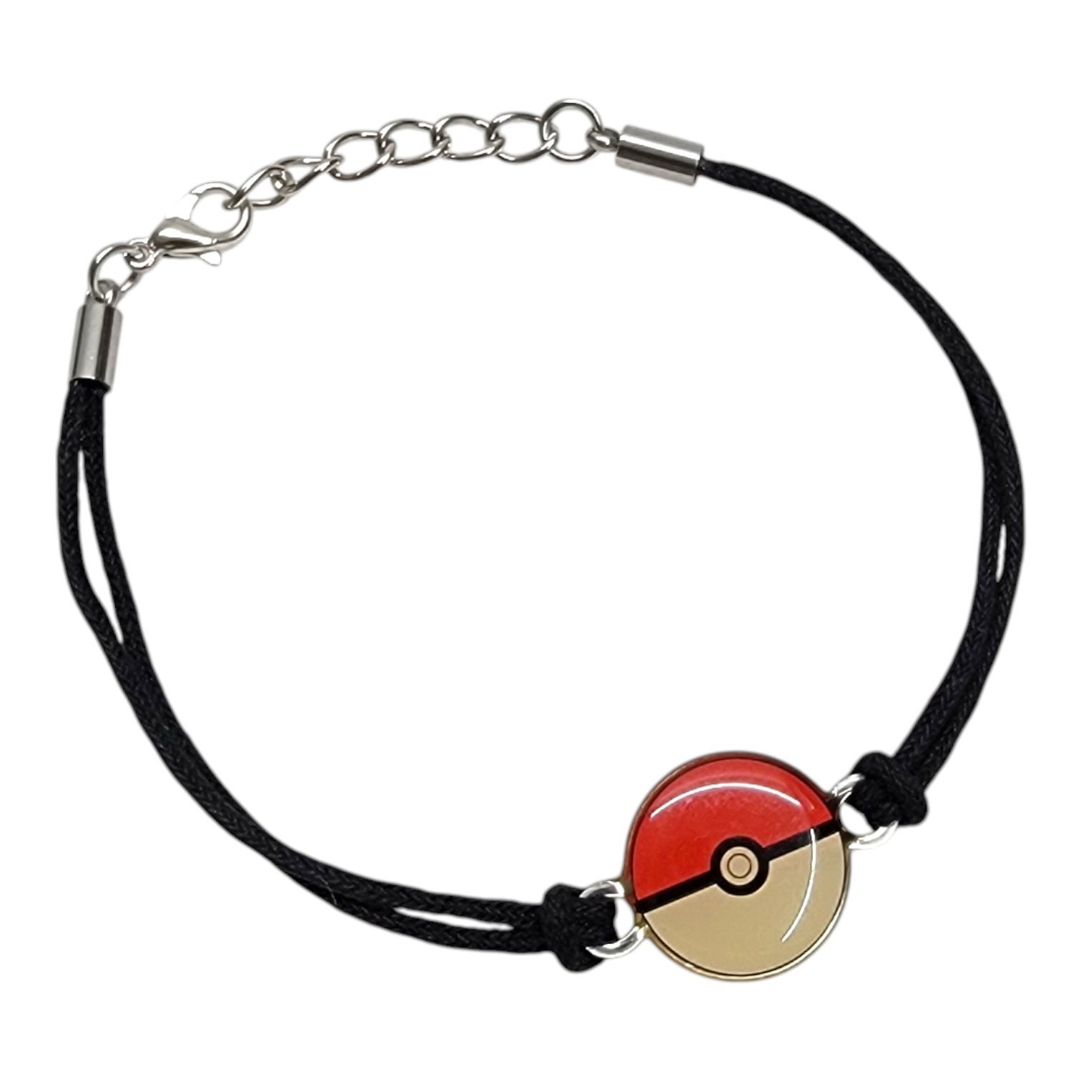 Pokemon Pokeball Charm Bracelet Black Cord Adjustable Silver Tone Enamel Anime