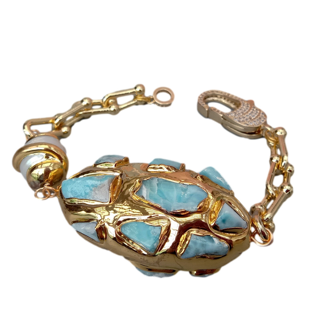 8″ Cultured White Keshi Pearl Blue Larimar Gold Plated Chain Bracelet