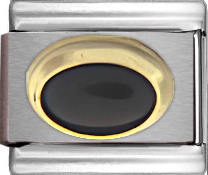 Black Oval Stone Italian Charm Gold Tone Bezel Stainless Steel Bracelet 9mm Link