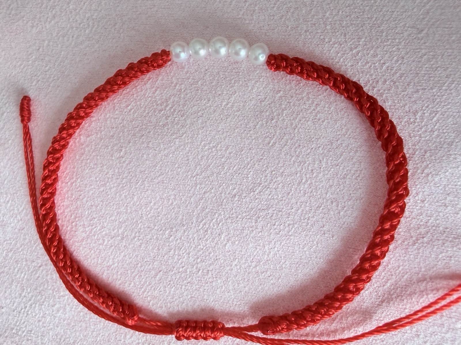 Red Braided Cord Beaded 15 CM Adjustable Slide Bracelet Natural Pearls Handmade