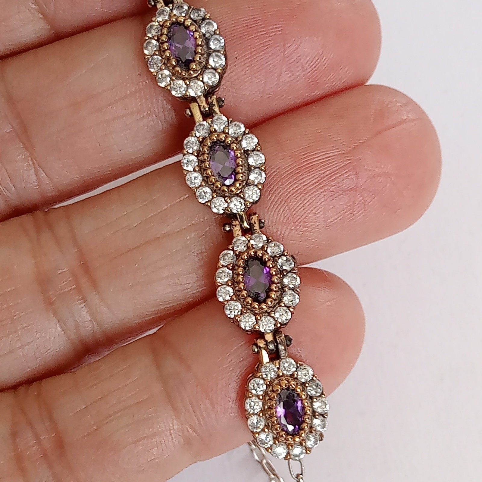 925 Sterling Silver and Bronze Turkish Handmade Oval Amethyst Topaz Bracelet
