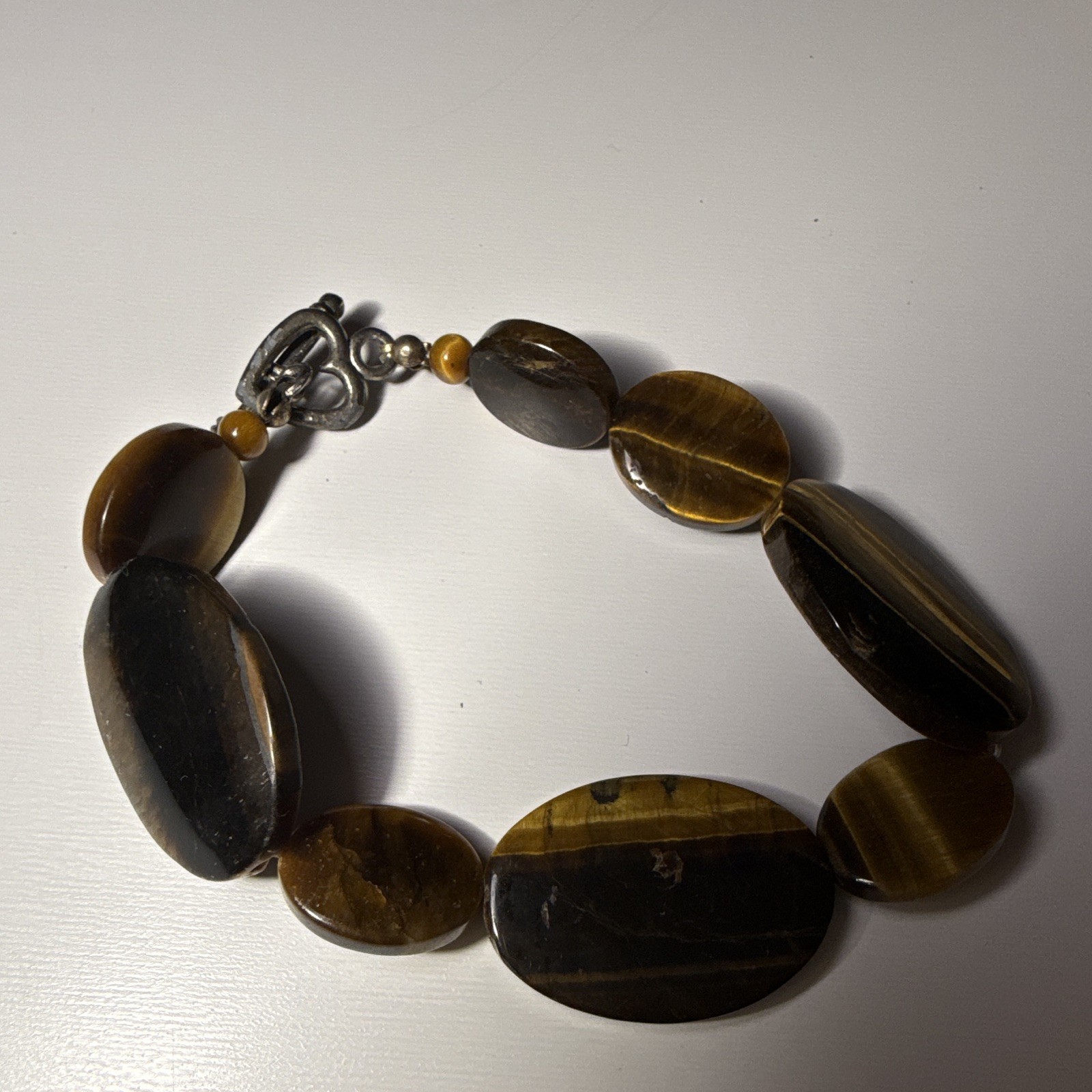 Tiger’s Eye Brown Oval Beaded Stone Bracelet, Ball/Bead Chain, Hook Clasp