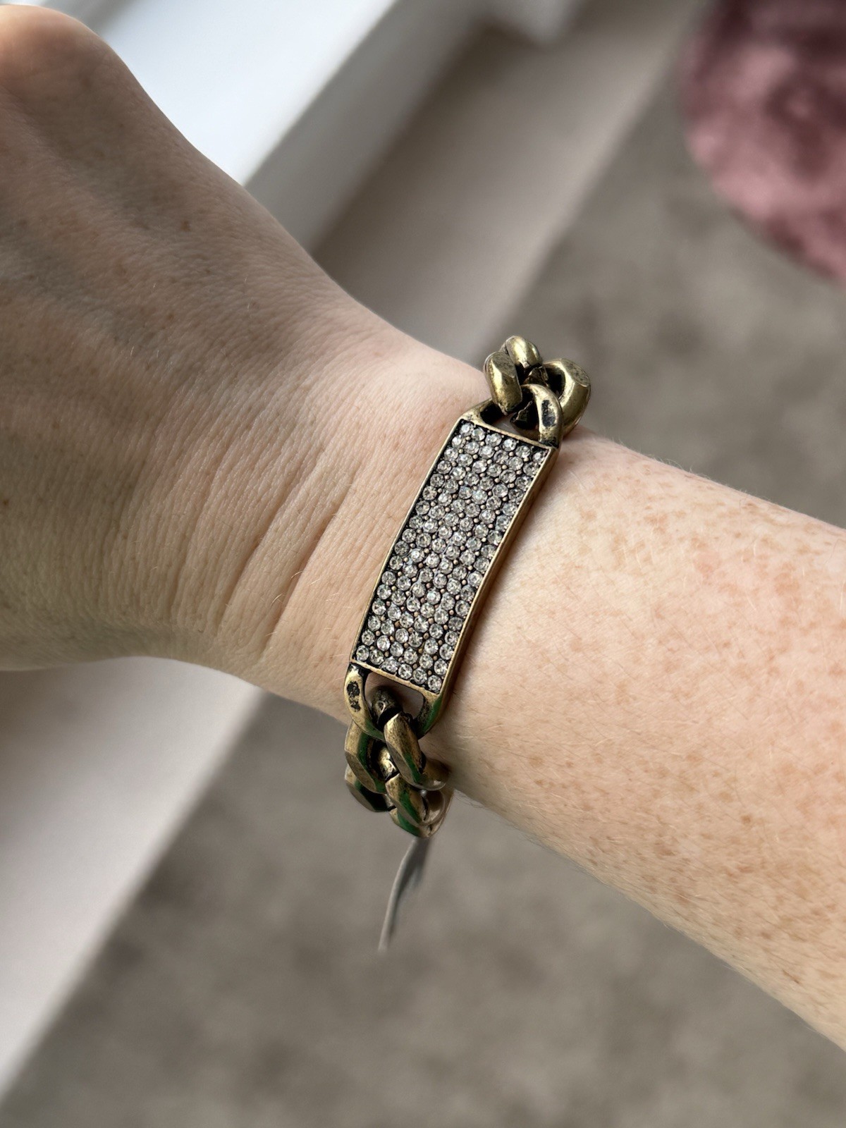 R.J. Graziano Gold Tone Crystal ID Link Bracelet Chunky Curb Chain Adjustable