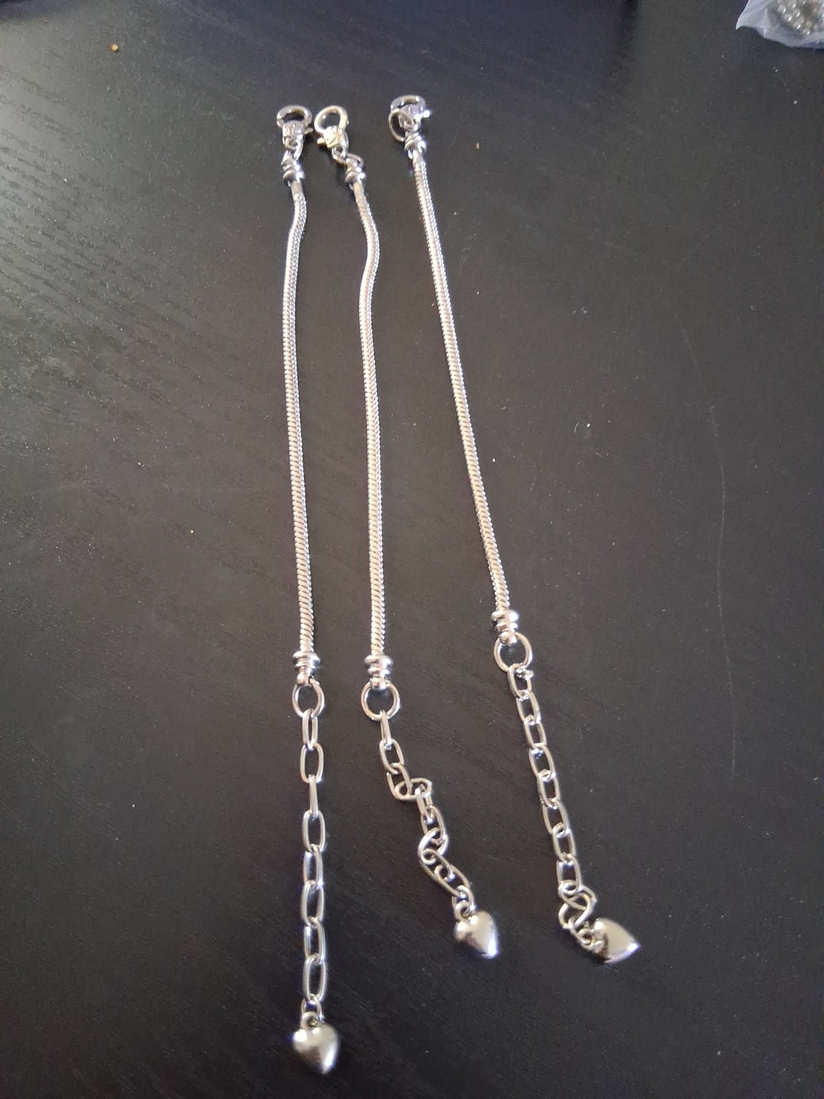 Lot of 3 Silver Tone Snake Chain Bracelets Adjustable Heart Charm Extender Blank