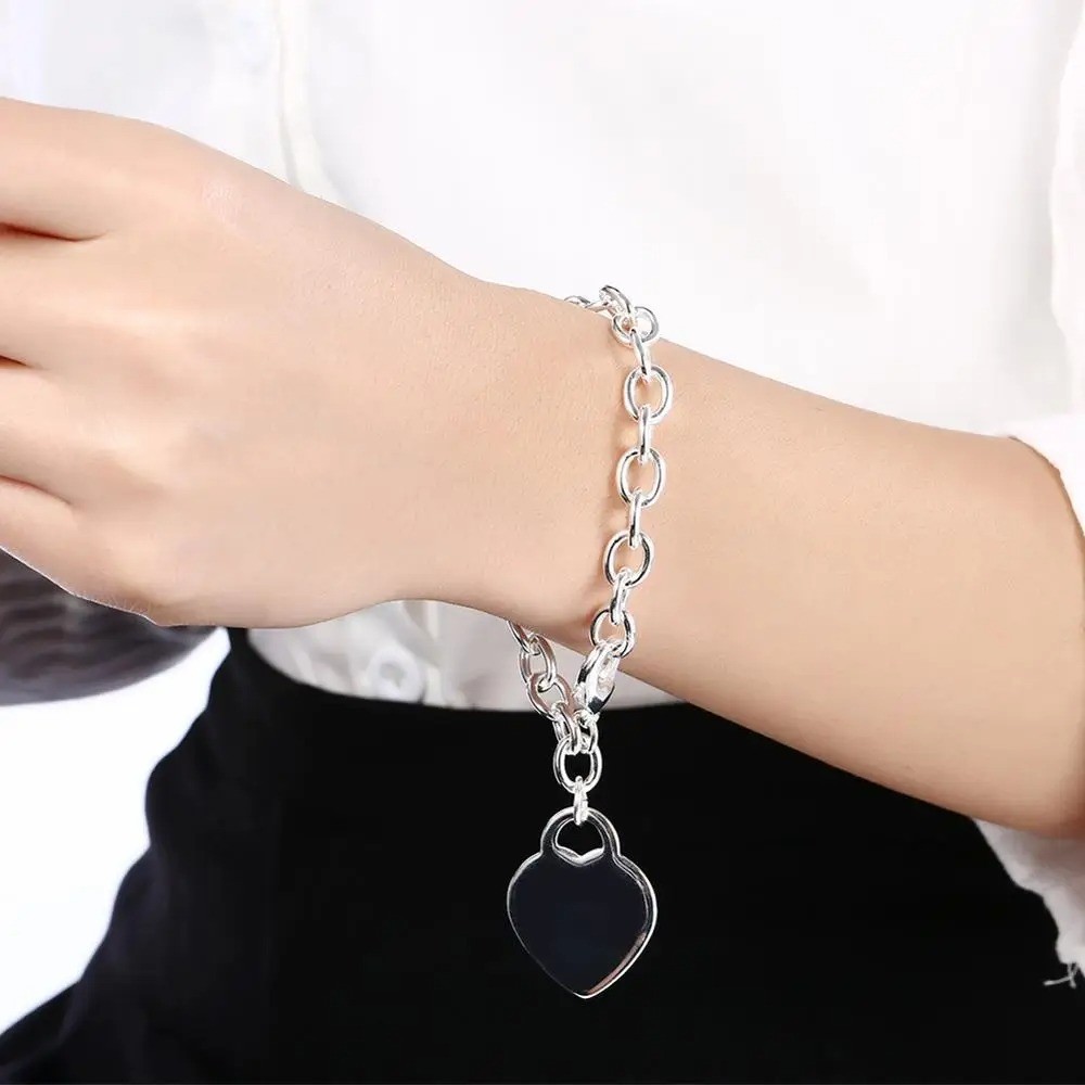 925 Sterling Silver Heart Pendant Thick Chain Bracelet Women Fashion Jewelry