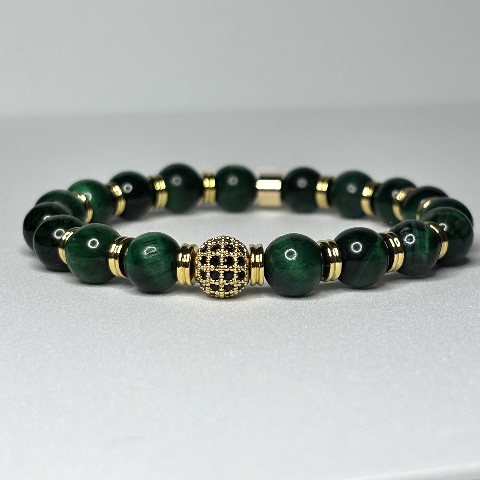 Green Tiger Eye Bracelet Men Women Natural Gemstone Gold Bead Protection Gift