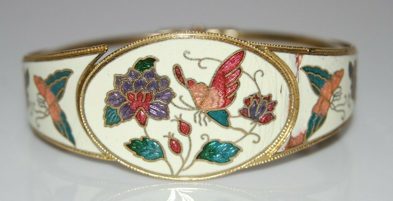 Vintage Enamel Cloisonne Or Champleve On Golden Metal Statement Hinged Bracelet