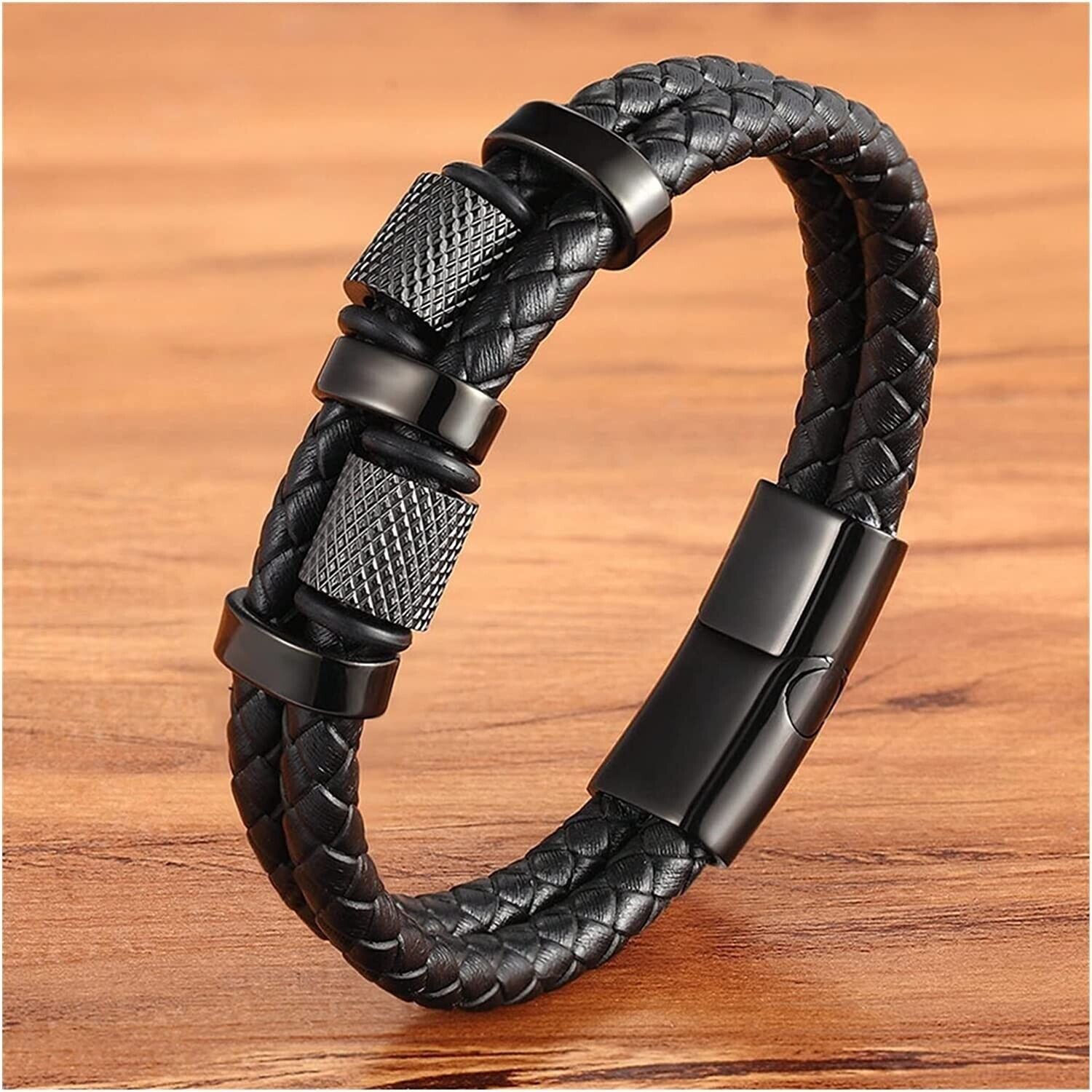 Men’s Stainless Steel Genuine Leather Bracelet Strength Fashion Bangle Wrap Gift