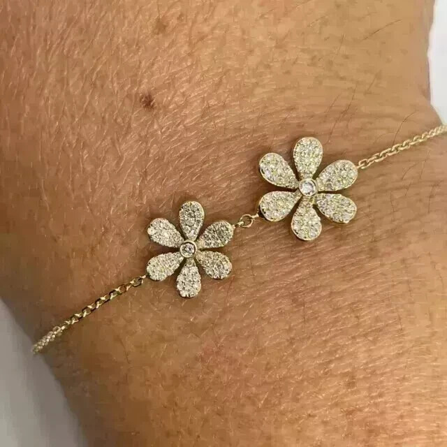 4 Ct Round Simulated Diamond 14K Yellow Gold Plated 2-Flower Round Link Bracelet