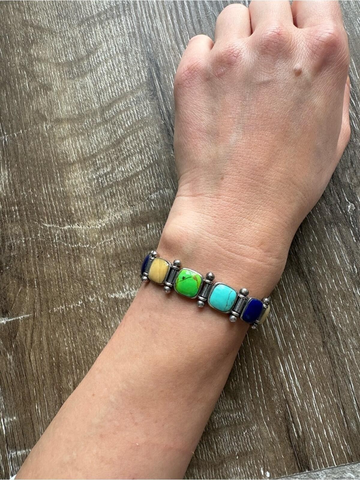 Thailand Sterling Silver Multicolor Stone Inlay Link Bracelet