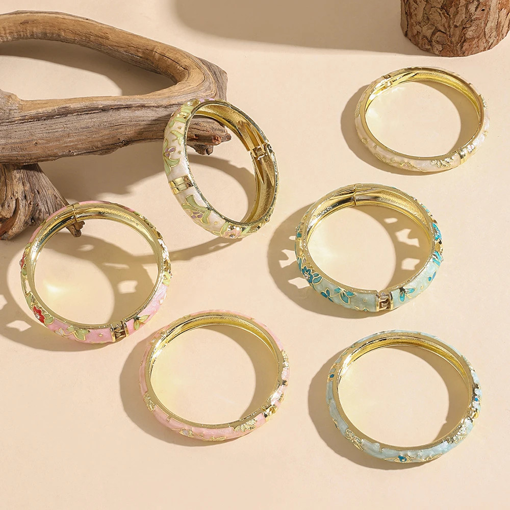 2 PCS Enameled Bracelets For Women Vintage Hollowed Small Flower Cloisonne