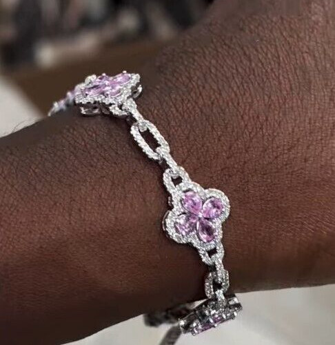 Mens/womens 8″ Pink SapphiSimulated Diamond PARTY WEAR Flower Designed Bracelet