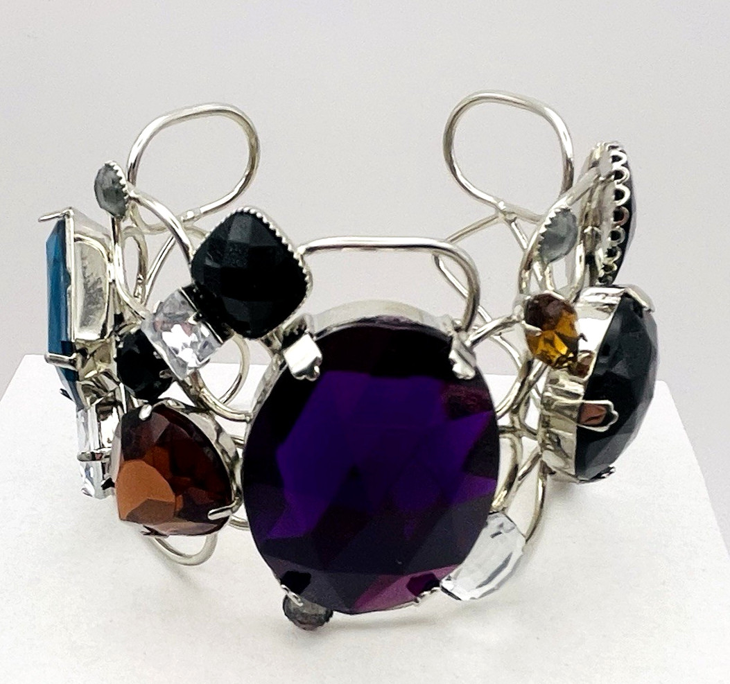 Multi Color & Shape Rhinestone Wire Cuff Bracelet Stmt Geometric Silver Tone