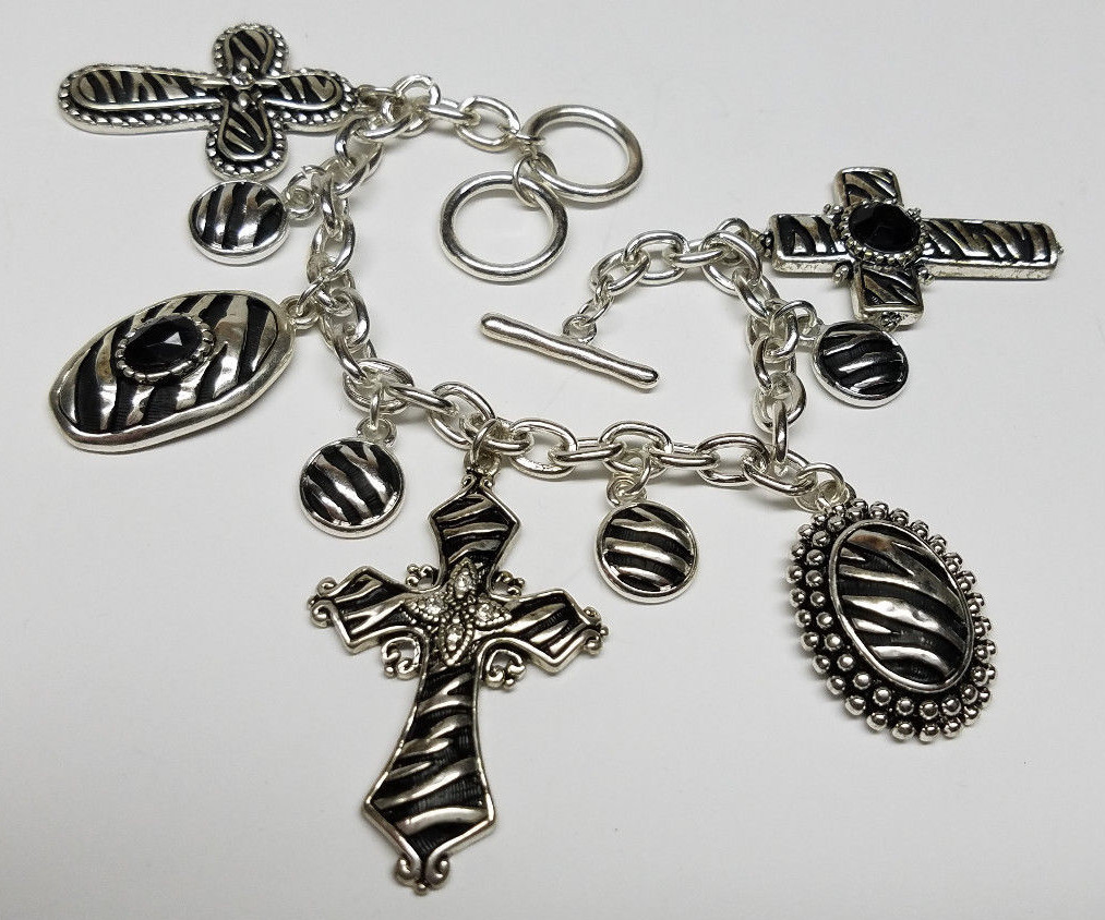 ASSORTED CROSSES THEME BLACK & SILVER MEN LADIES CHARM BRACELET 7-8″ TOGGLE LOCK
