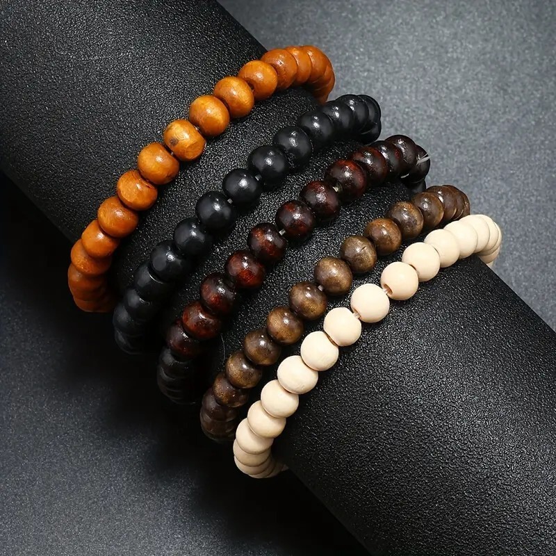 5 Piece Multi-layer Wooden Beaded Bohemian Jewelry Bracelet Set Gifts Brown 5PC