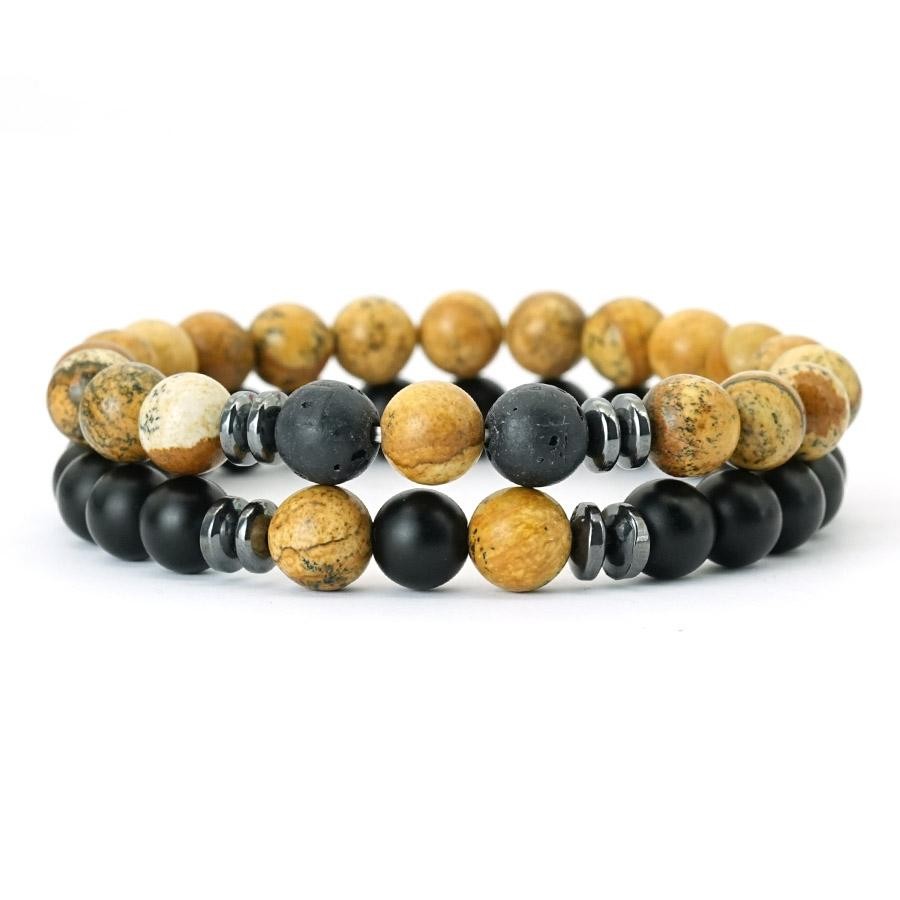 Men Beaded Bracelet Set 8mm Tiger Eye Malachite Obsidian Stone