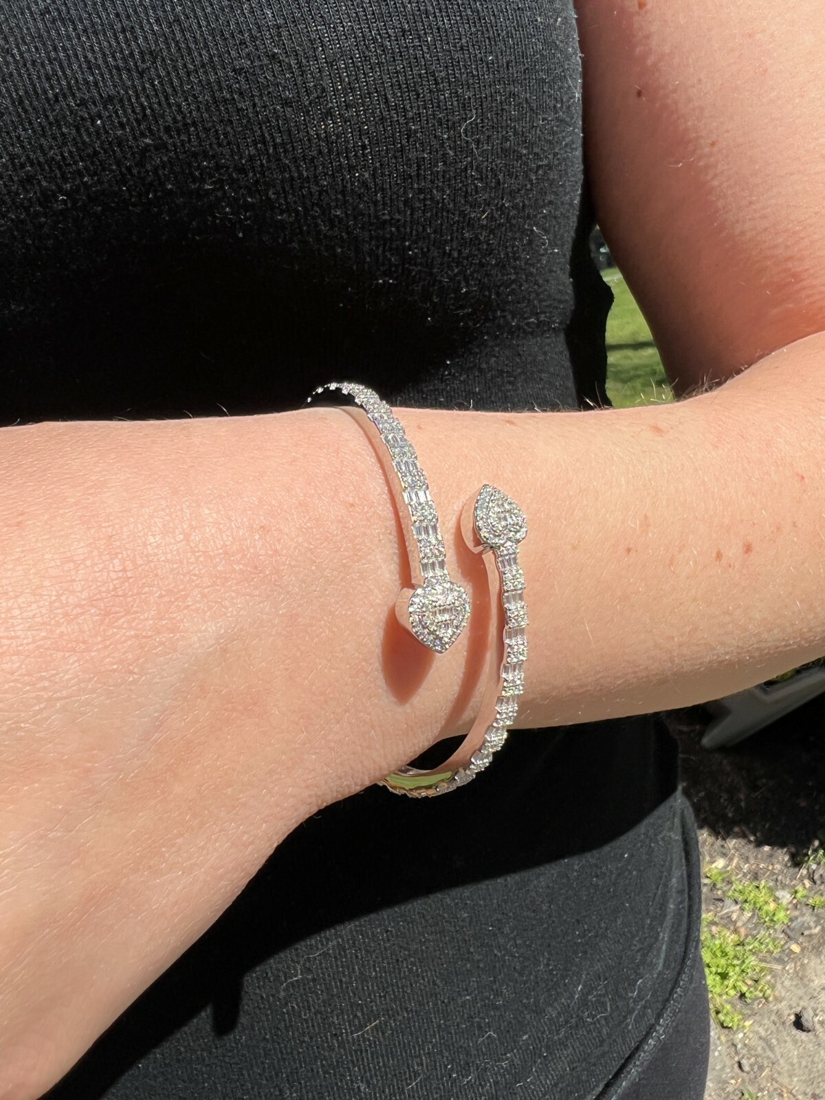 Real Solid 925 Silver Iced Baguette Heart Bangle Cuff Bracelet 6-7.5″ CZ