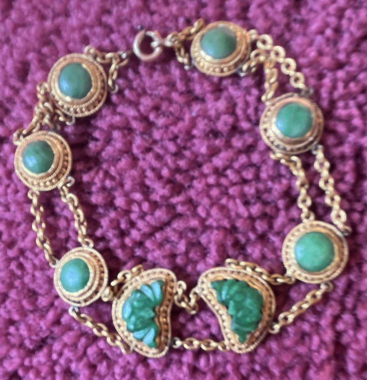 Gold Tone Double Cable Chain Charm Bracelet, Green Round Cabochon, Spring Ring