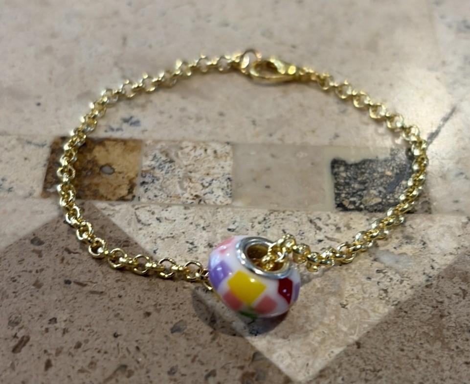 Yellow Gold Plated 6” Braclet Single Multi Color European Watercolor Bead