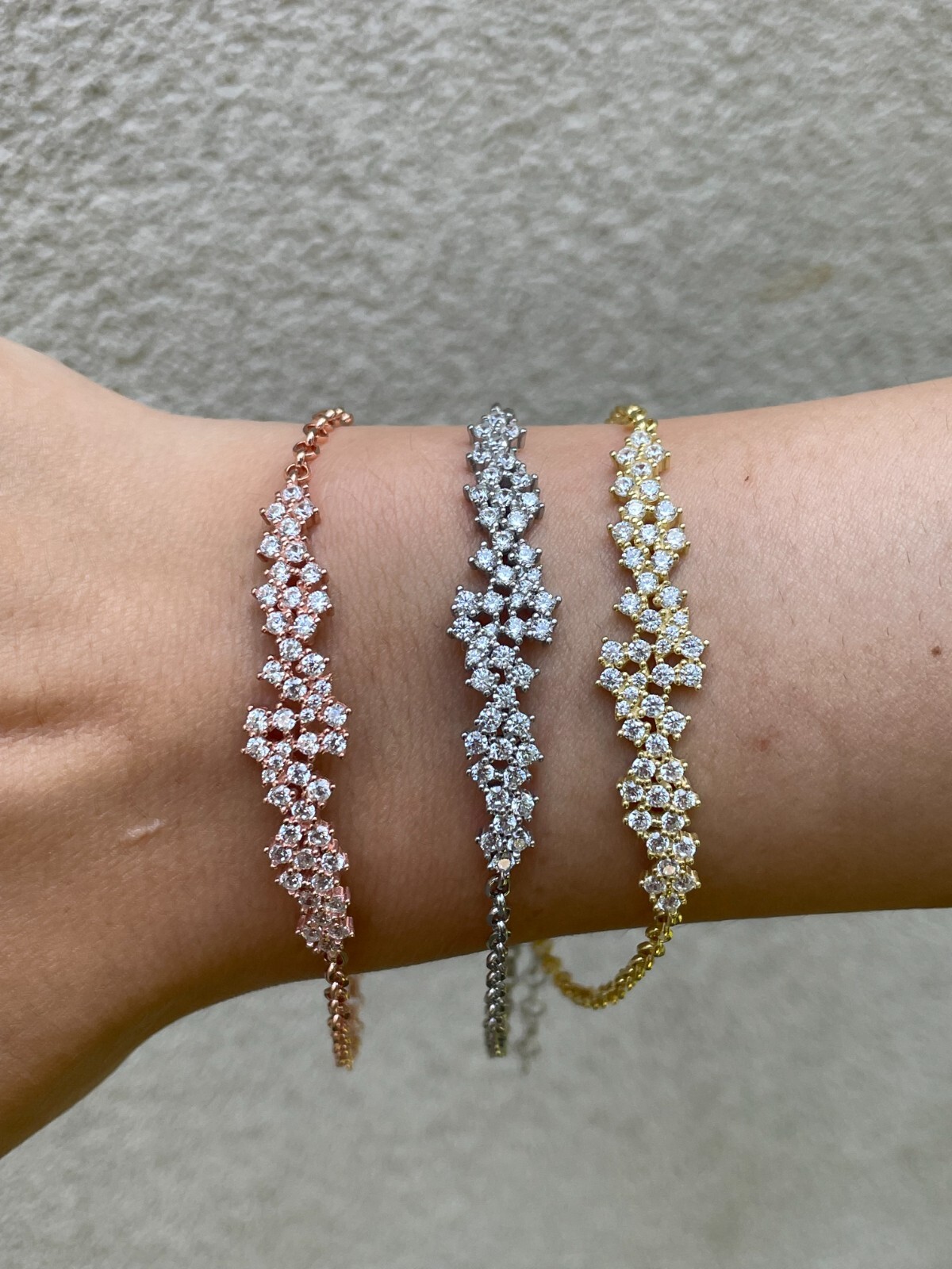 Real 925 Silver Yellow Rose Gold Plated Iced Cluster Round CZ Bracelet