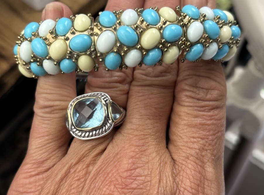 Chunky Turquoise & Coral Stone Cluster Stretch Bracelets Set of Two Bangles