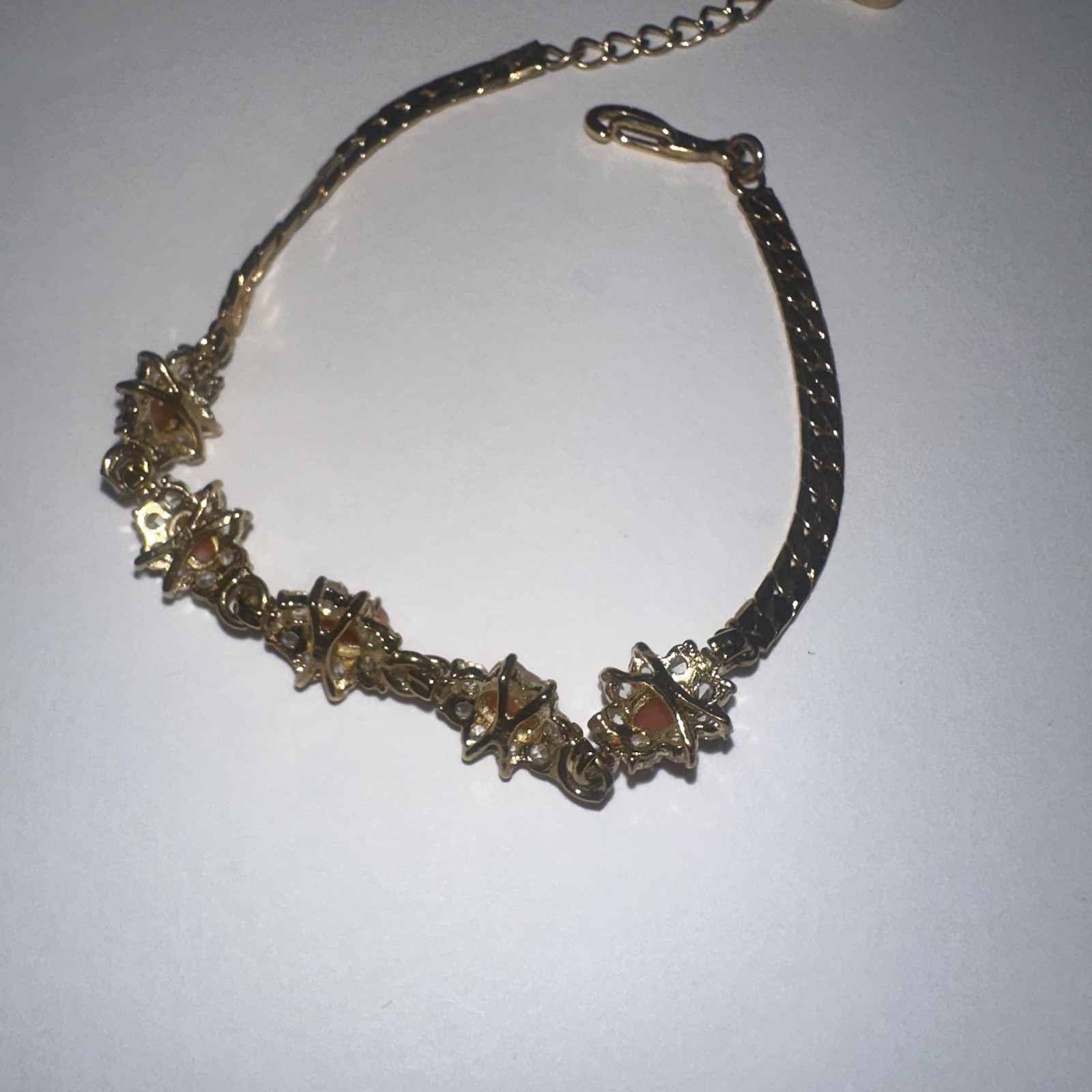 Gold Tone Pink Salmon Cabochon Chain Tennis Bracelet 7.5 Inch Crystal Flower