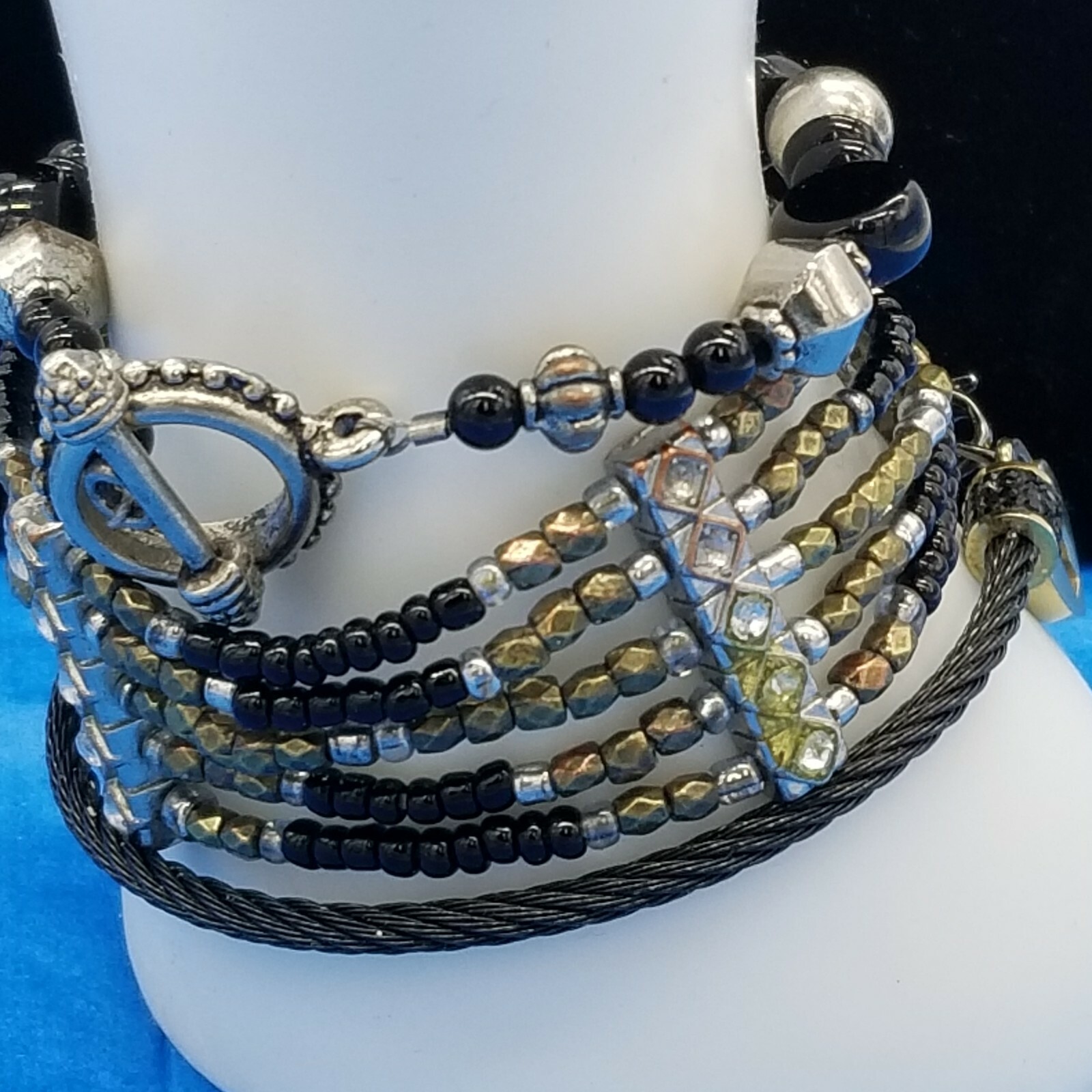 3 Bracelets, Black Gold and Silver, 5 Strand, Heart Locket, Clasp READ
