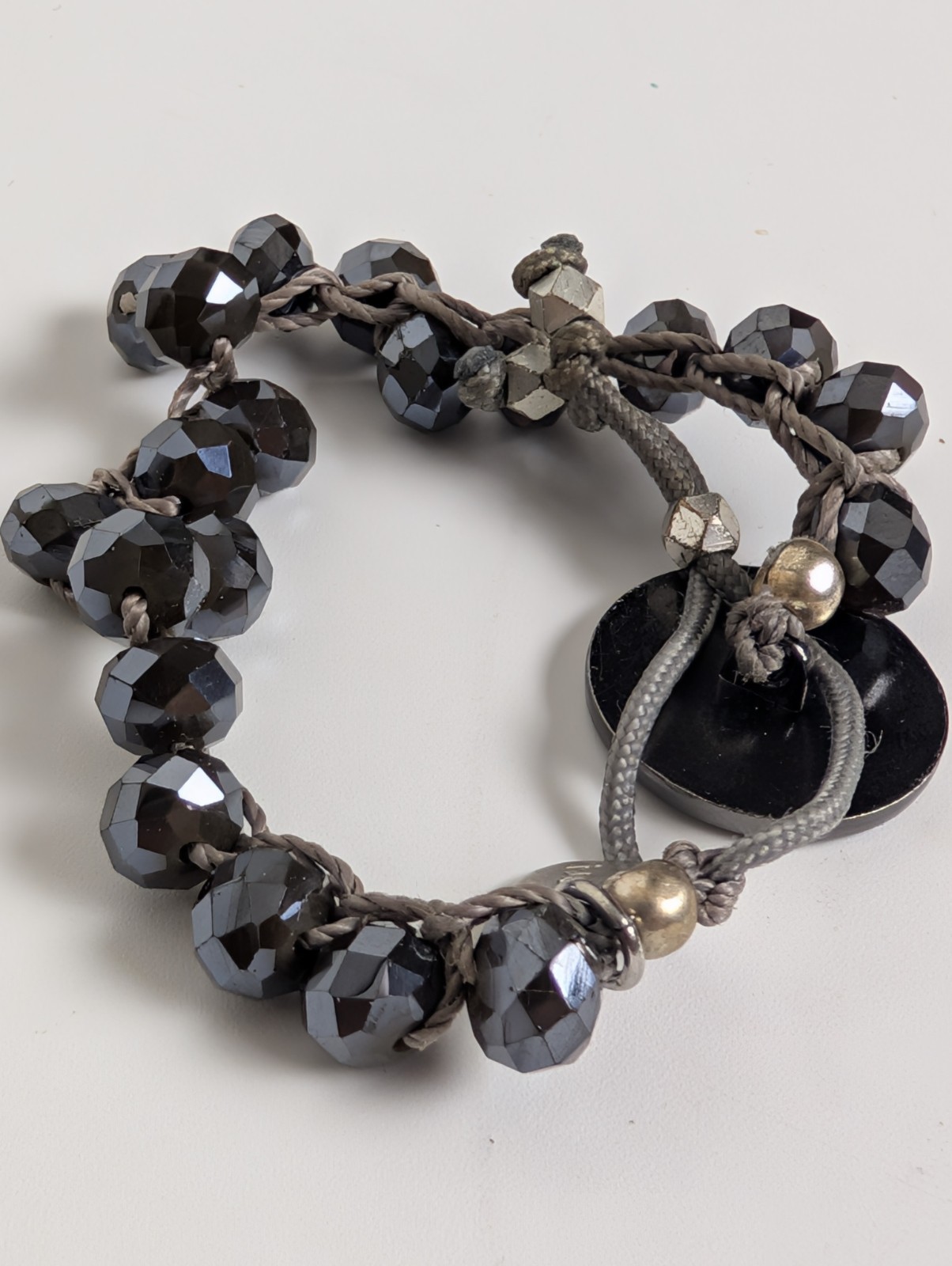 Chanel Button Logo Beaded Cord Bracelet Hematite Tone Gray IJewels Charm